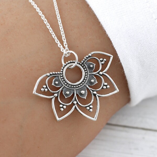 Mandala Necklace, Sterling Silver Half Flower Mandala Pendant Necklace, for Women, Mandala Sun Charm, Yoga Necklace, Yoga Jewelry