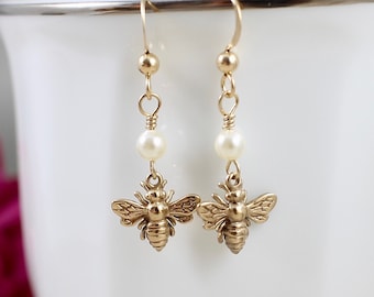 Gold Bee Earrings, Honeybee Earrings, Bumblebee Earrings, Pearl Earrings, Gold Bee Charm, Gold Bee Jewelry, Unique Bridesmaid Earrings