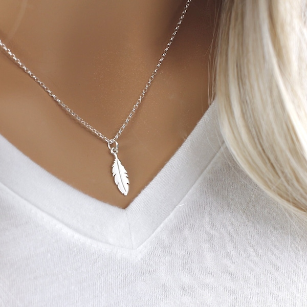 Feather Necklace, Sterling Silver for women charm boho Dainty Delicate Small Minimalist Tiny Everyday Necklace Jewelry bridesmaid gift for