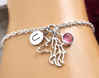 Sterling Silver Unicorn Bracelet, Charm Bracelet, Unicorn Gifts, Jewelry, for women, for girls, Unicorn Head, Letter Name, Personalized