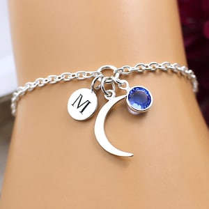 Sterling Silver Crescent Moon Bracelet, Personalized Gifts, Charm Bracelets, Jewelry, for women, Celestial Bracelet, Jewelry, Gifts