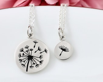 Dandelion Necklace, Mother Daughter Necklace Set Sterling Silver, Mothers Day Gift, Gift for Mom, Gift for Daughter, Big Sis Lil Sis