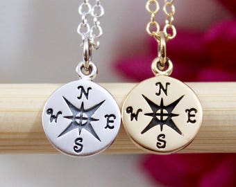 Compass Necklace, Sterling Silver, Gold - Not All Those Who Wander Are Lost - Enjoy the Journey