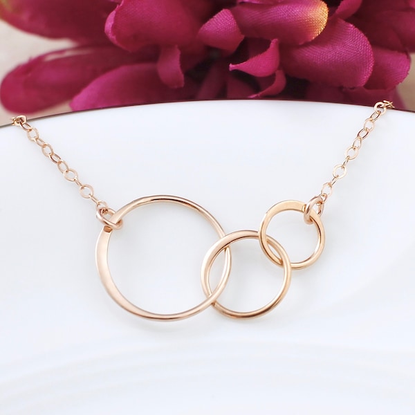 Three Circle Necklace Rose Gold, 3 Circle Necklace, Three Entwined Circles, Eternity Circle Necklace, Three Generations Necklace, 3 Sisters