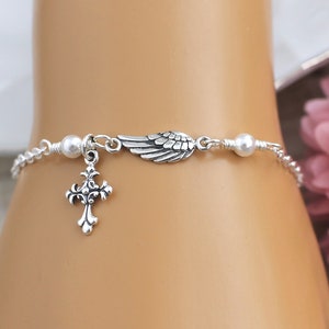 Angel Wing Bracelet Sterling Silver, Angel Wing Pearl Bracelet, Angel Cross Bracelet, Guardian Angel Bracelet, Godmother Gift, Remembrance image 5