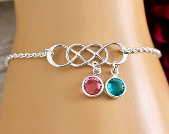 Double Infinity Bracelet, Infinity Bracelet with Birthstones, Sterling Silver, Infinity Jewelry, Sister Bracelet, Mom with Two Kids Bracelet