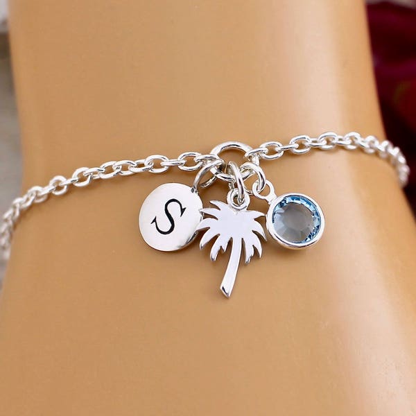 Personalized Palm Tree Bracelet, Sterling Silver Charm Bracelet, Beach Girl Bracelet, Beach Bracelet, Summer Bracelet, Surfer Girl Bracelet