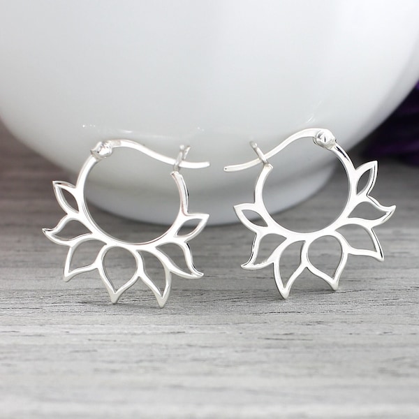 Lotus Petal Hoops, Sterling Silver Lotus Earrings, Lotus Petal Earrings, Lotus Flower Jewelry, Yoga Earrings, Yoga Jewelry, Yoga Gifts