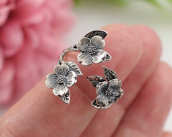 Dogwood Tree Flower Ring, Leaf Ring, Flower Ring, Sterling Silver Adjustable Flower Ring, Dogwood Jewelry, Silver Flower Ring, Tree Jewelry