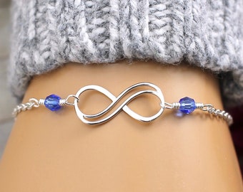 Infinity Bracelet, Sterling Silver, Women, Birthstone Bracelet, Bridesmaid Bracelet, Crystal Bracelet, Infinity Jewelry