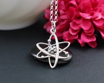 Atom Necklace, Sterling Silver, women in Science, steminist Jewelry Necklace teacher gift, chemistry necklace, pendant charm