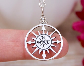 Compass Rose Pendant Necklace, Compass Medallion, Compass Modern, Compass Sterling Silver Charm, Not all Who Wander are Lost, Enjoy Journey