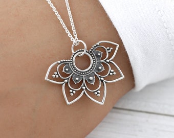 Mandala Necklace, Sterling Silver Half Flower Mandala Pendant Necklace, for Women, Mandala Sun Charm, Yoga Necklace, Yoga Jewelry