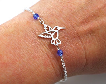 Birthstone Hummingbird Bracelet, Hummingbird Jewelry, Bird Bracelet, Bird Jewelry, Sterling Silver Charm Bracelet, Skinny Bracelet