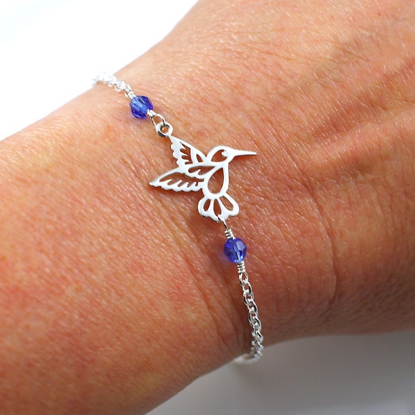 Birthstone Hummingbird Bracelet, Hummingbird Jewelry, Bird Bracelet, Bird Jewelry, Sterling Silver Charm Bracelet, Skinny Bracelet