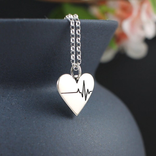 Heart Heartbeat Charm Necklace, sterling silver etched heart rhythm tracing cardiac pendant medical doctor nurse RN MD science anatomy gift