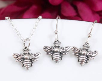 Sterling Silver Bee Necklace and Earrings Jewelry Set - Bumble Bee Necklace and Earrings Set - Honey Bee Necklace and Earrings Set