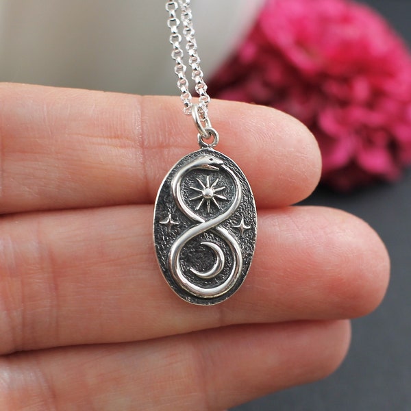 Ouroboros Necklace, Sterling Silver, Sun and Moon Necklace, Infinity Snake Necklace, Talisman Necklace, Snake Eating Tail, Ouroboros Snake