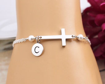 Personalized Cross Bracelet Sideways, Sterling Silver, for Women, Sideways Cross Bracelet, Godmother Gift, Jewelry, Religious Cross Bracelet