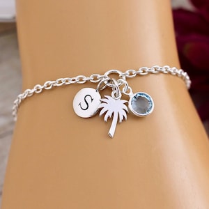 Personalized Palm Tree Bracelet, Sterling Silver Charm Bracelet, Beach Girl Bracelet, Beach Bracelet, Summer Bracelet, Surfer Girl Bracelet