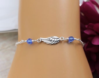 Angel Wing Bracelet Sterling Silver, Angel Wing Birthstone Bracelet, Birthstone Bracelet, Guardian Angel Bracelet, Remembrance Bracelet