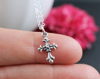 Cross Necklace, Dainty Delicate Small Tiny Scroll Cross Necklace Baptism Gifts First Communion Gift Girl for Christian Jewelry