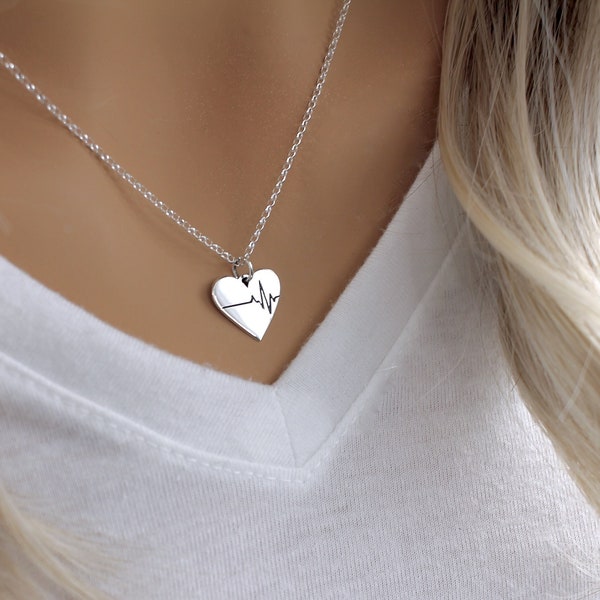 Heart Heartbeat Charm Necklace, sterling silver etched heart rhythm tracing cardiac pendant medical doctor nurse RN MD science anatomy gift