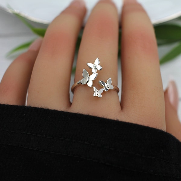 Adjustable Butterfly Ring in Sterling Silver, for women, Butterfly Cluster Ring, Butterfly Jewelry, Lepidoptera, silver butterfly ring