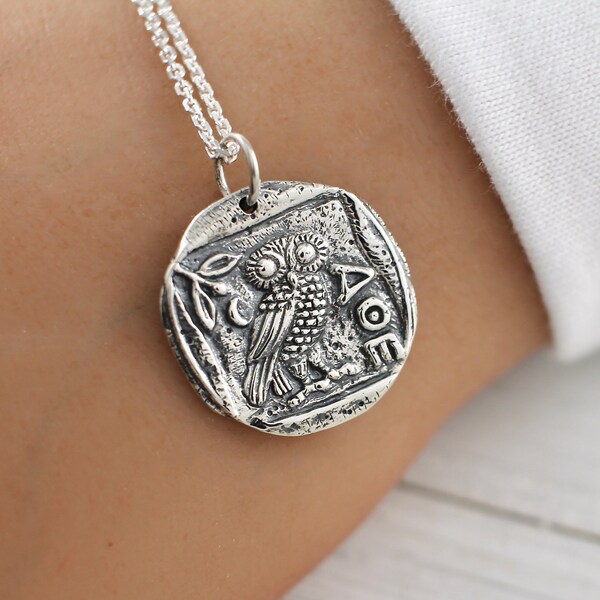 Owl Necklace, Sterling Silver Athenas Owl Ancient Coin Charm Greek Mythology Rustic Wisdom Strength spirit animal bird necklace jewelry