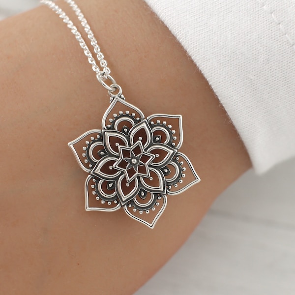 Mandala Necklace, Lotus Mandala Sterling Pendant, Sterling Silver, Flower Mandala Boho Bohemian gift item jewelry mandala necklace for women