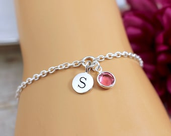 Sterling Silver Initial and Birthstone Bracelet, Personalized Bracelet, Personalized Gift for Women, for mom, for friend, for girlfriend