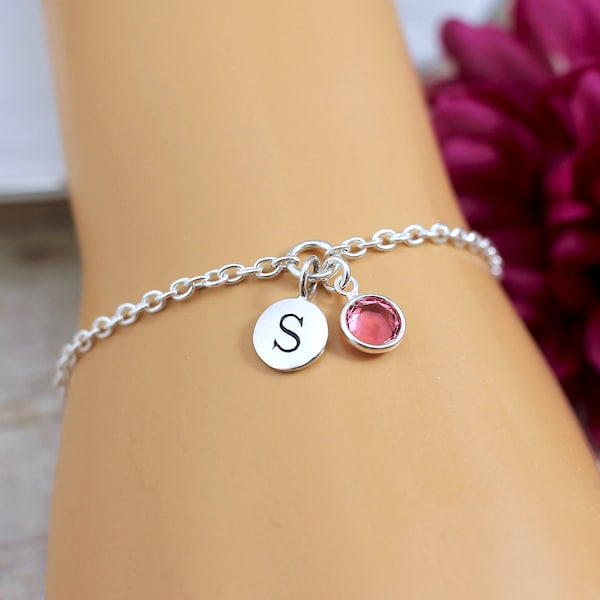 Sterling Silver Initial and Birthstone Bracelet, Personalized Bracelet, Personalized Gift for Women, for mom, for friend, for girlfriend