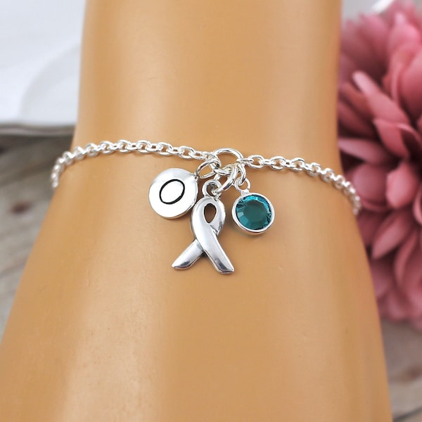 Ovarian Cancer Awareness Teal Ribbon Leather Bracelet – Silver Plated Charm, 18 Inch Chain