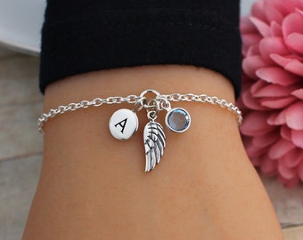 Sterling Silver Angel Wing Bracelet, Guardian Angel Bracelet, Remembrance Bracelet, Personalized, Charm Bracelets, Jewelry, Gifts