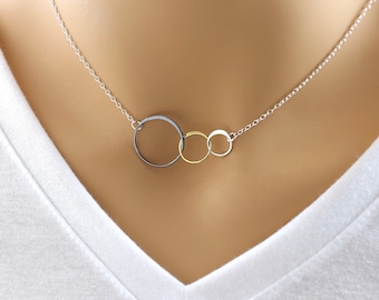 Mixed Metal Three Circle Necklace | Triple Circle Necklace | Linked Eternity Circles Necklace | Entwined Rings | Interlocking Circles