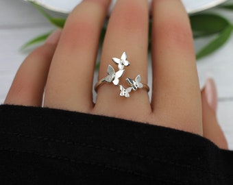 Adjustable Butterfly Ring in Sterling Silver, for women, Butterfly Cluster Ring, Butterfly Jewelry, Lepidoptera, silver butterfly ring