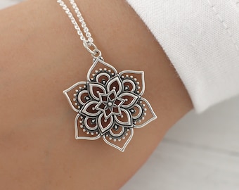 Mandala Necklace, Lotus Mandala Sterling Pendant, Sterling Silver, Flower Mandala Boho Bohemian gift item jewelry mandala necklace for women