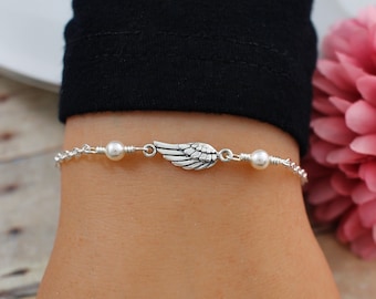 Angel Wing Bracelet Sterling Silver, Angel Wing Pearl Bracelet, Pearl Bracelet, Guardian Angel Bracelet, Remembrance Bracelet