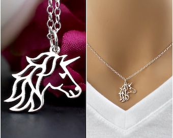 Sterling Silver Unicorn Head Necklace, Charm Necklace, Unicorn Gifts, Jewelry, for women, for girls, Letter Name, Personalized