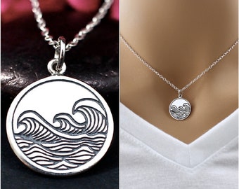 Waves Necklace, Sterling Silver, Ocean Waves Necklace, Waves Jewelry, Waves Charm Necklace, Beach Necklace, Surfing Necklace, Water Necklace