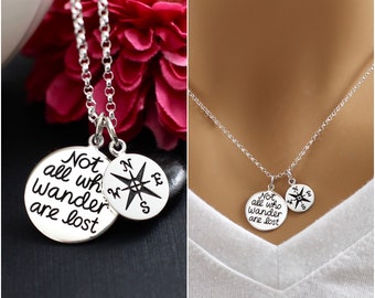 Sterling Silver Not All Who Wander are Lost Compass Necklace, Compass Jewelry, Graduation Gift, Travel Adventure Necklace, Retirement Gift