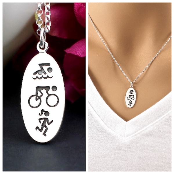 Triathlon Necklace Sterling Silver | Triathlete Necklace | Triathlon Jewelry | Triathlete Jewelry | Swim Bike Run | Tri Necklace