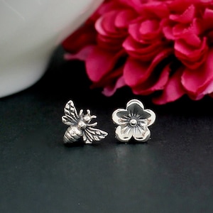 Sterling Silver Bee Earrings, Flower Earrings in Sterling Silver, Cherry Blossom Earrings, Cottagecore Earrings,  Mismatched Earrings, studs