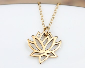 Gold Lotus Flower Necklace - Bronze Charm, Yoga Jewelry, 18k gold PVD 316L stainless steel flat cable chain