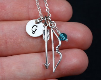 Bow and Arrow Necklace Sterling Silver, Hand Stamped Initial, Birthstone Necklace,  Archery Necklace, Sagittarius Necklace, Gift for Her