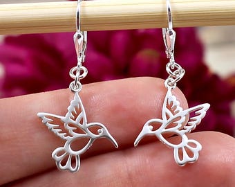 Hummingbird Earrings in Sterling Silver, Dangle Earrings, Lever Back Earrings, Hummingbird Gifts, When a Hummingbird Appears Angels are Near