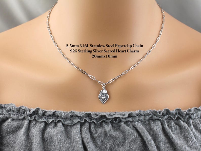 Sterling Silver Dainty 20x10mm sacred heart charm on a 316L stainless steel 2.5mm paperclip chain.