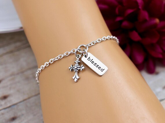 Blessed Bracelet, Silver Cross Bracelet, Sterling Silver, Charm