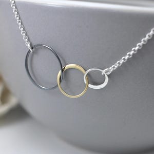 Mixed Metal Three Circle Necklace | Triple Circle Necklace | Linked Eternity Circles Necklace | Entwined Rings | Interlocking Circles