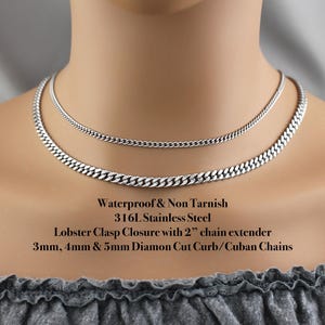May include: Two silver-colored necklaces with curb chain links are displayed. The necklaces are waterproof and non-tarnish, made of 316L stainless steel. The image text says the necklaces have a lobster clasp closure and are available in 3mm, 4mm, and 5mm sizes.